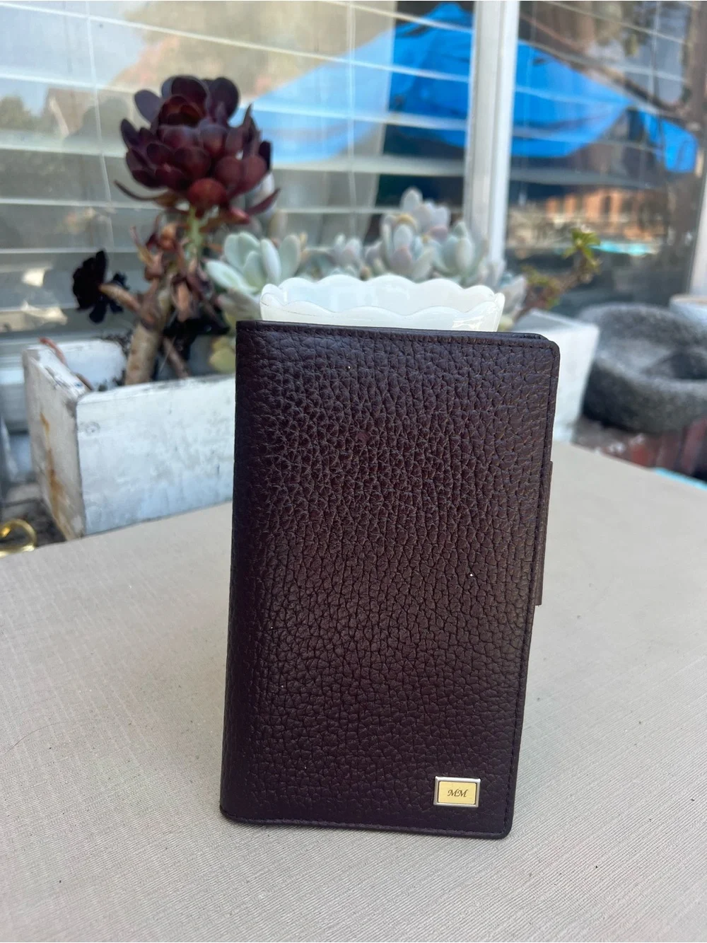 Dark Brown Pebbled Leather Card & Key Holder with Gold Plaque